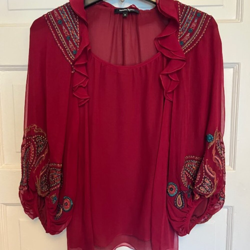 Nanette Lepore embroidered silk peasant blouse